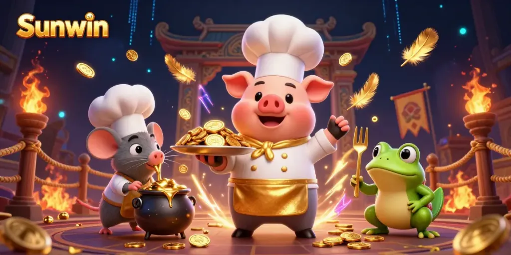 Win big with Sunwin at this vibrant casino-themed 3D illustration featuring engaging characters and gold coins.