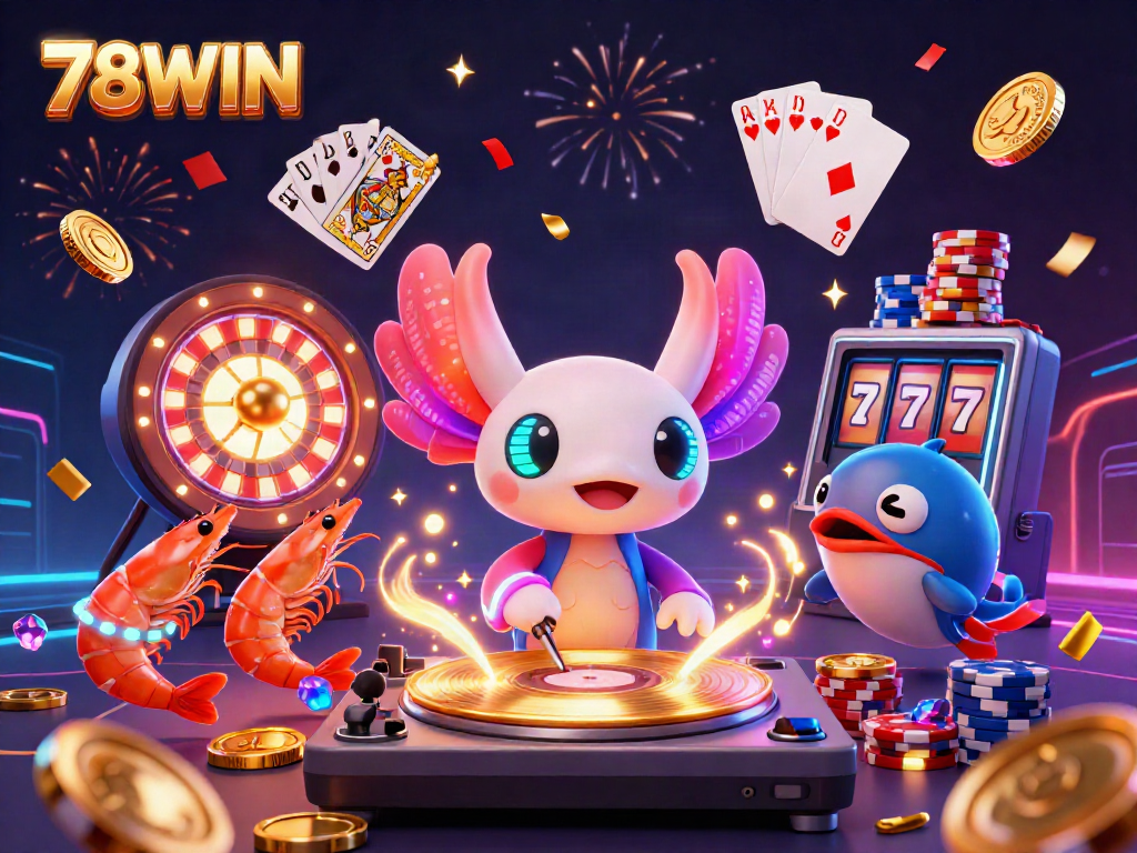 Experience the vibrant gaming world of 78WIN with an energetic neon scene featuring an axolotl DJ, shrimp dancers, and spectacular casino elements.