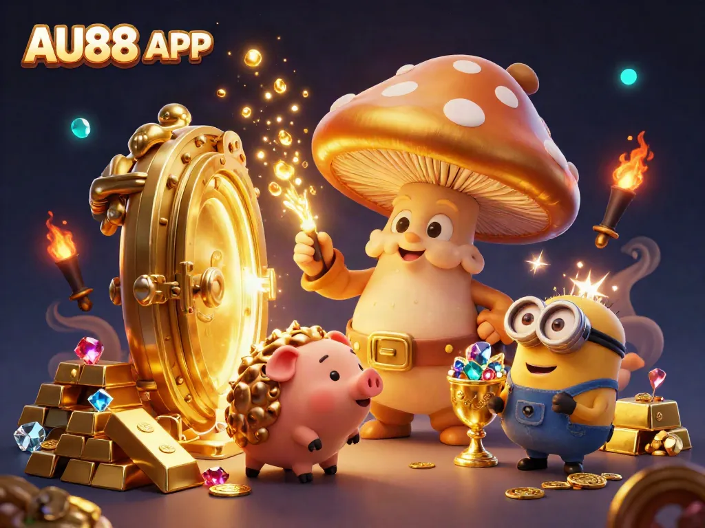 Experience the magic of the AU88 APP with a vibrant gaming scene featuring a golden wizard and treasure.