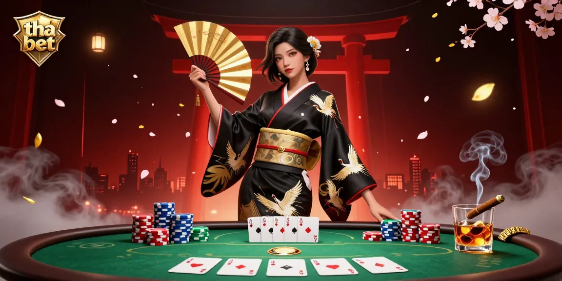 Engage in thrilling gameplay with "tha bet" showcasing an elegant Asian woman in a dynamic casino scene.