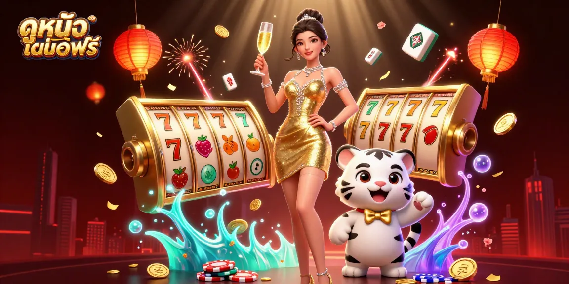 Engage with ดูหนังออนไลน์ฟรี in a vibrant casino scene featuring a glamorous woman and a lucky tiger.