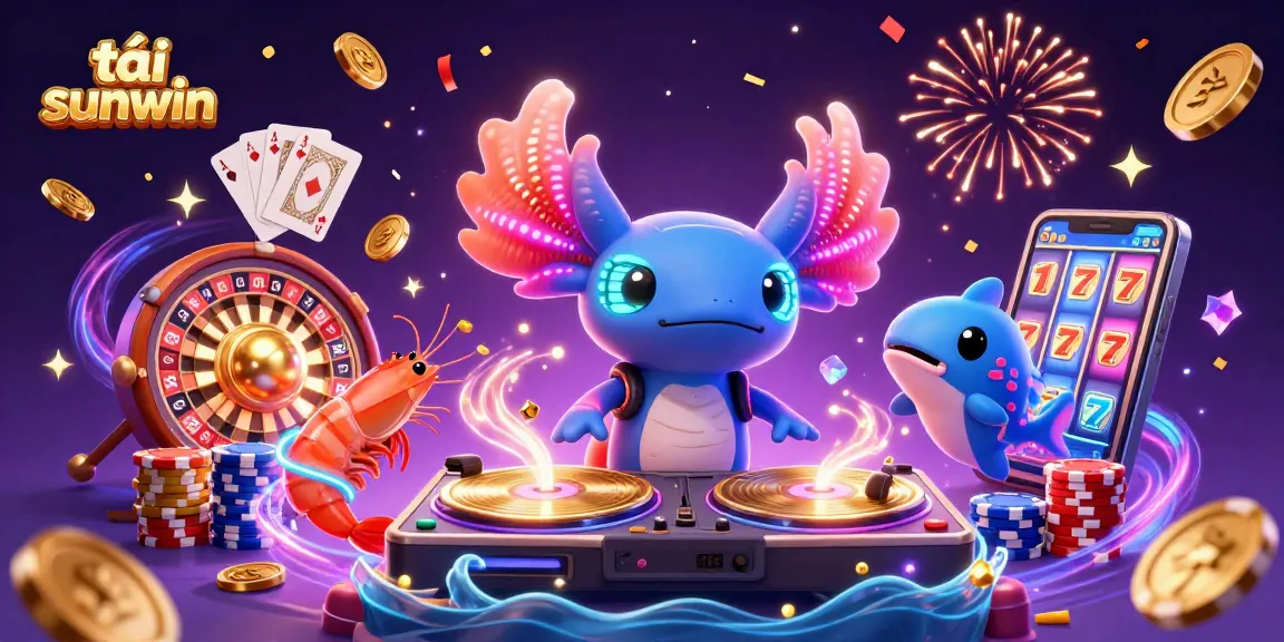 Engaging 3D illustration of a vibrant scene featuring the "tải sunwin" brand with an axolotl DJ and animated shrimp, exuding casino energy.