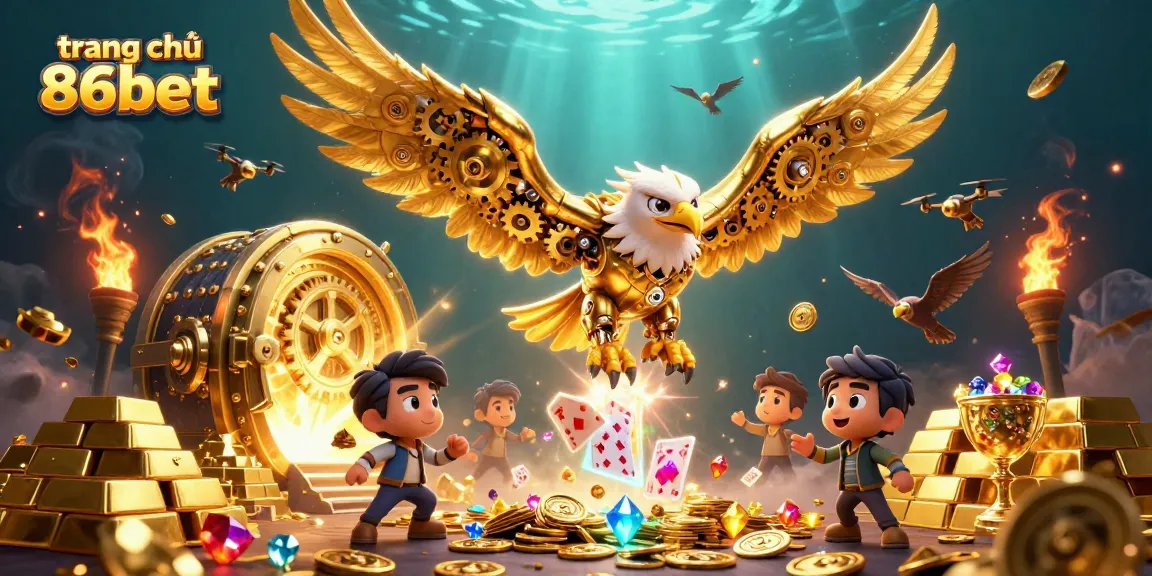 Engage in thrilling action at trang chủ 86bet with a cybernetic eagle amid treasure and holographic cards.