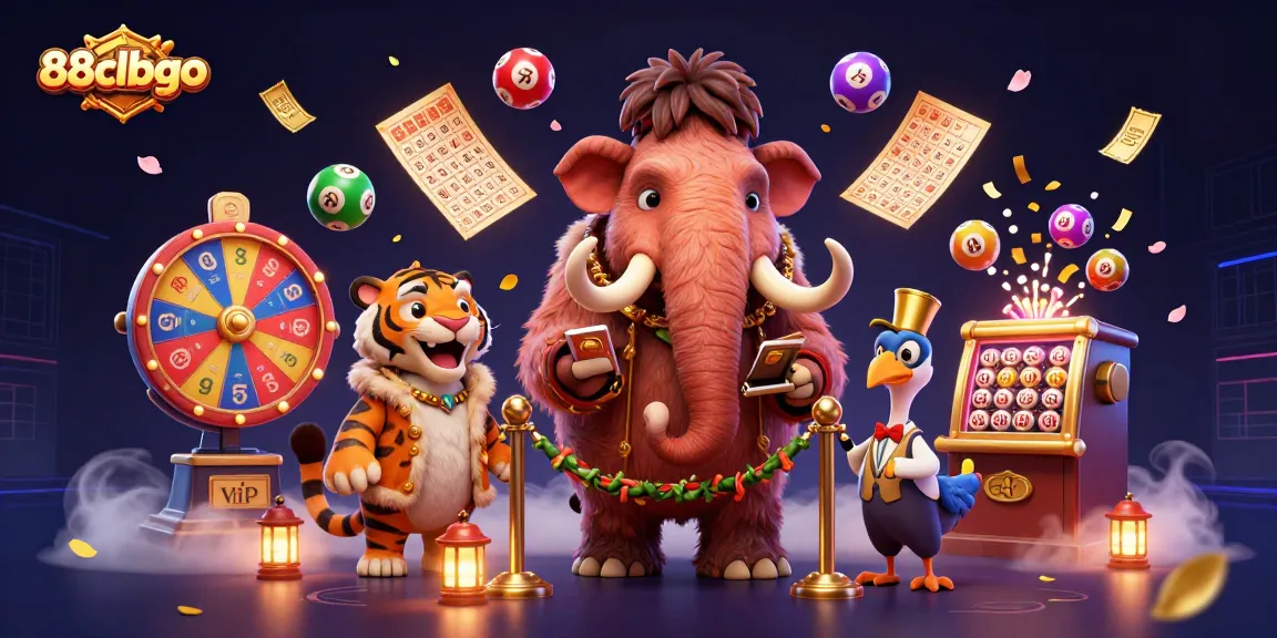 Engage in thrilling gaming at 88clbgo with dynamic lottery elements and vibrant casino characters.