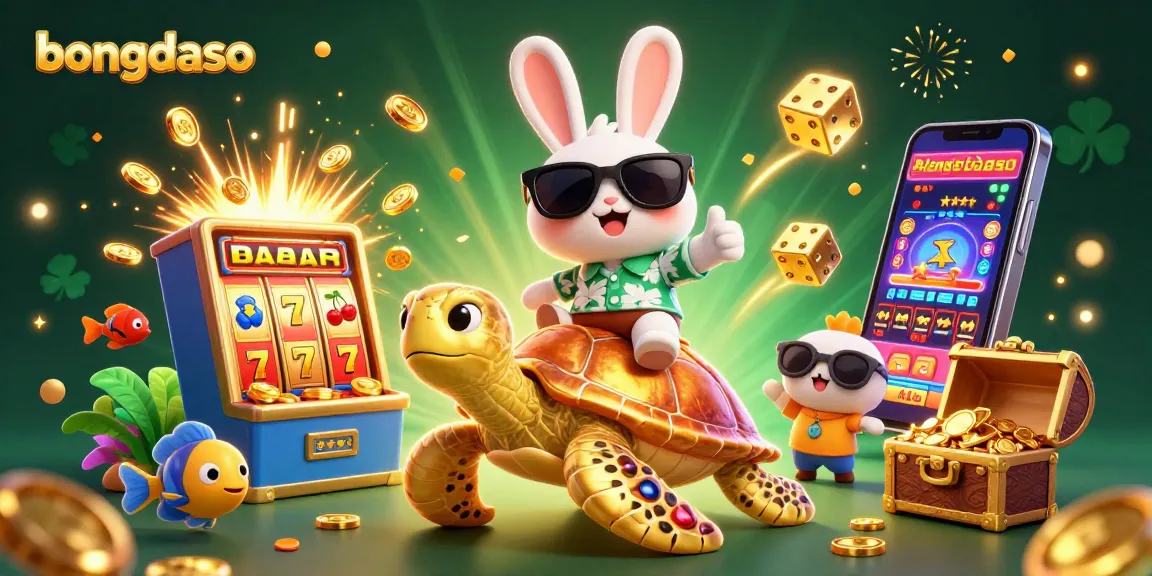 Bongdaso reveals fortune: Lucky rabbit and golden turtle celebrate jackpot wins in vibrant casino scene.