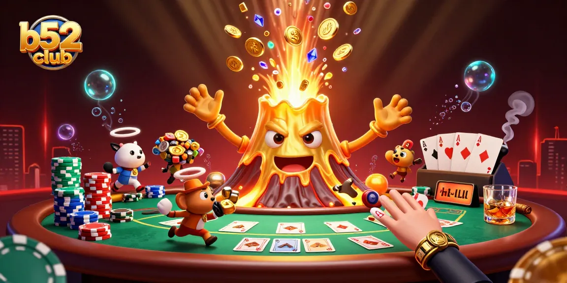 Spin to win at b52club as golden treasures erupt from a triumphant volcano, showcasing an exciting casino scene.