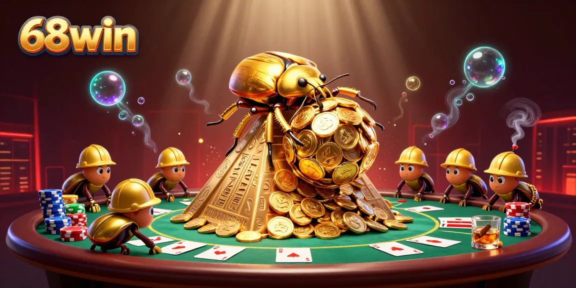 Experience thrilling gaming action at 68win with vibrant 3D visuals of a golden beetle and poker excitement.