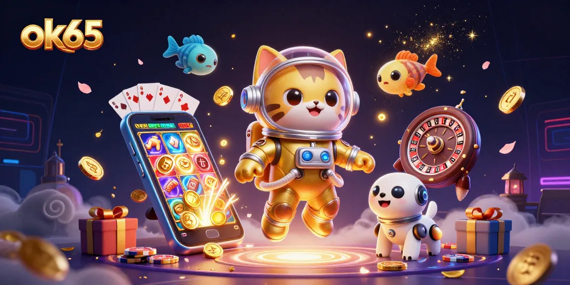 Experience thrilling slot gameplay with the ok65 casino space adventure, featuring a cosmic cat and robot dog.