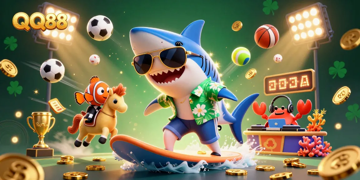 QQ88 illustrates thrilling gambling action with a cartoon shark and vibrant casino elements for a captivating online experience.