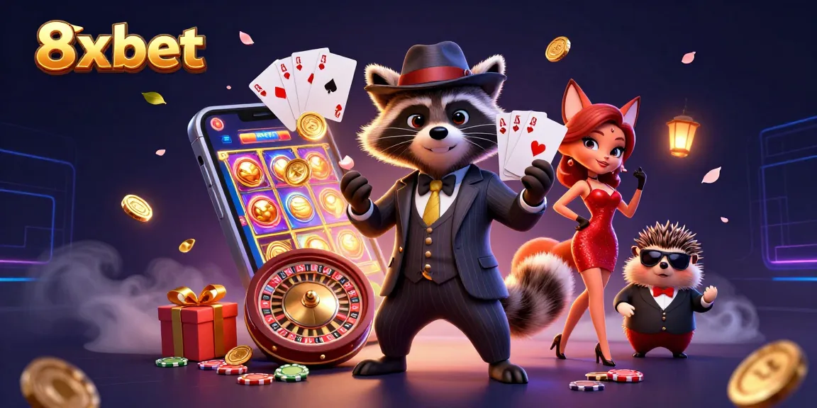 Engage with thrilling 8xbet slots alongside a suave raccoon in vibrant casino atmosphere.