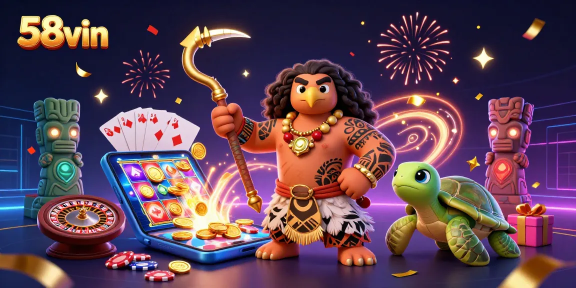 Engage in vibrant gaming action at 58vin with a dynamic casino scene showcasing Polynesian characters and energetic slot games.