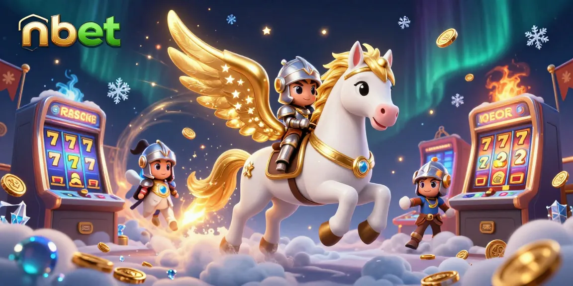 Engage in thrilling nbet slots action with a knight and celestial horse amidst vivid casino elements.