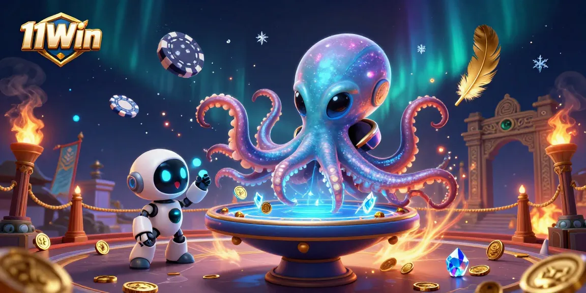 Engage with 11Win in a vibrant 3D scene featuring an alien octopus and poker elements.