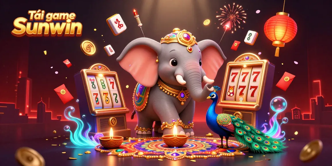 Tải game Sunwin with vibrant 3D casino elements including slot machines and lucky symbols.