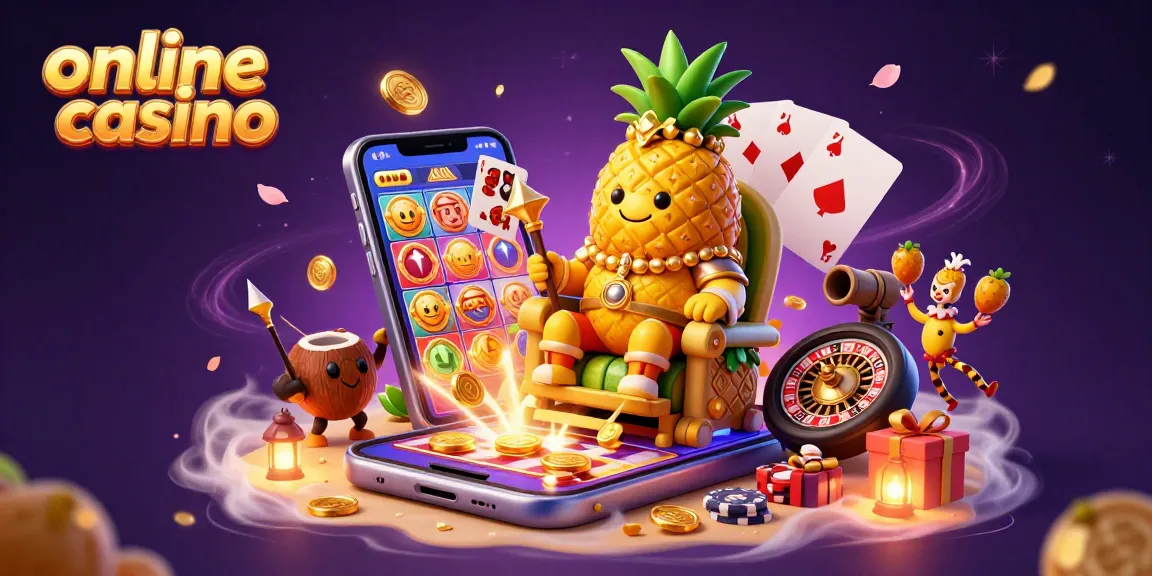 Experience the excitement of an online casino with a golden pineapple king and vibrant gaming elements.