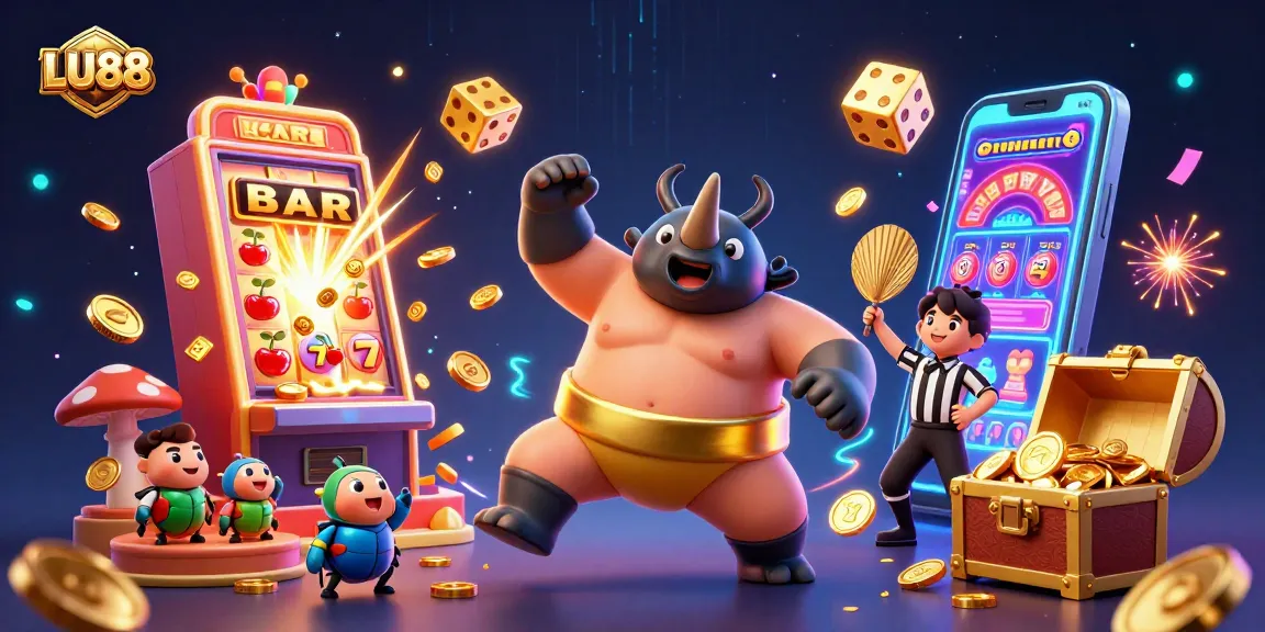 LU88 slot machine bursting with coins and vibrant casino elements animated by a powerful beetle champion.