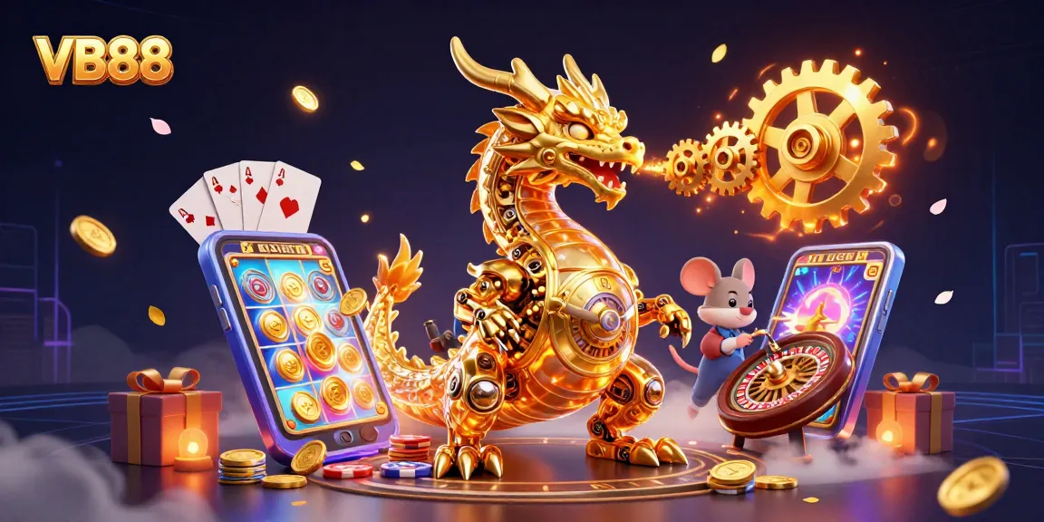 Win at VB88 with an engaging casino scene featuring a golden dragon, gaming elements, and vibrant action!