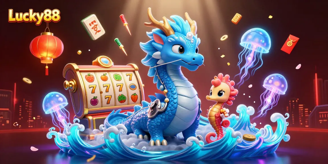 Spin to win with Lucky88 featuring vibrant dragons and fun slot elements in a magical casino.