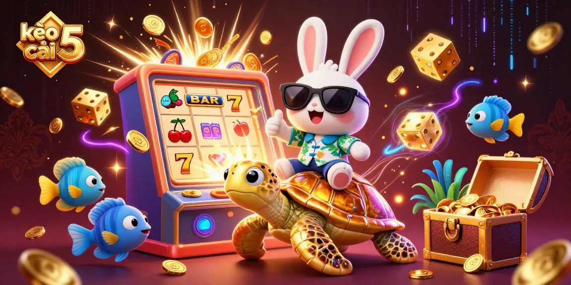 Experience excitement with kèo nhà cái 5 as the lucky rabbit rides the golden turtle amidst vibrant casino elements.