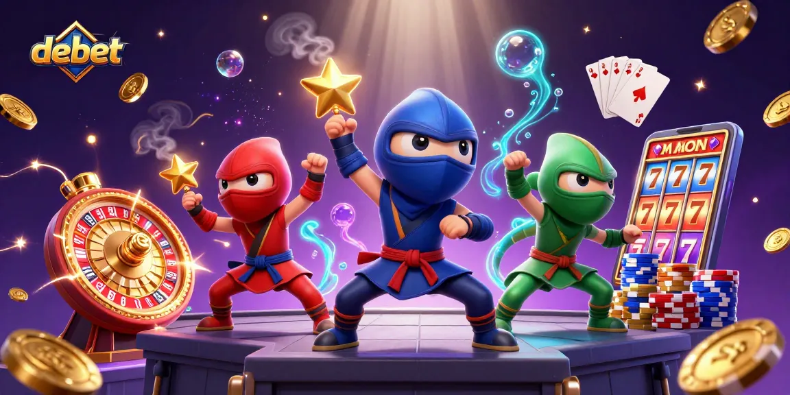 Engage in thrilling gameplay with Debet, as vibrant coins and roulette wheels spin around a ninja chameleon team.