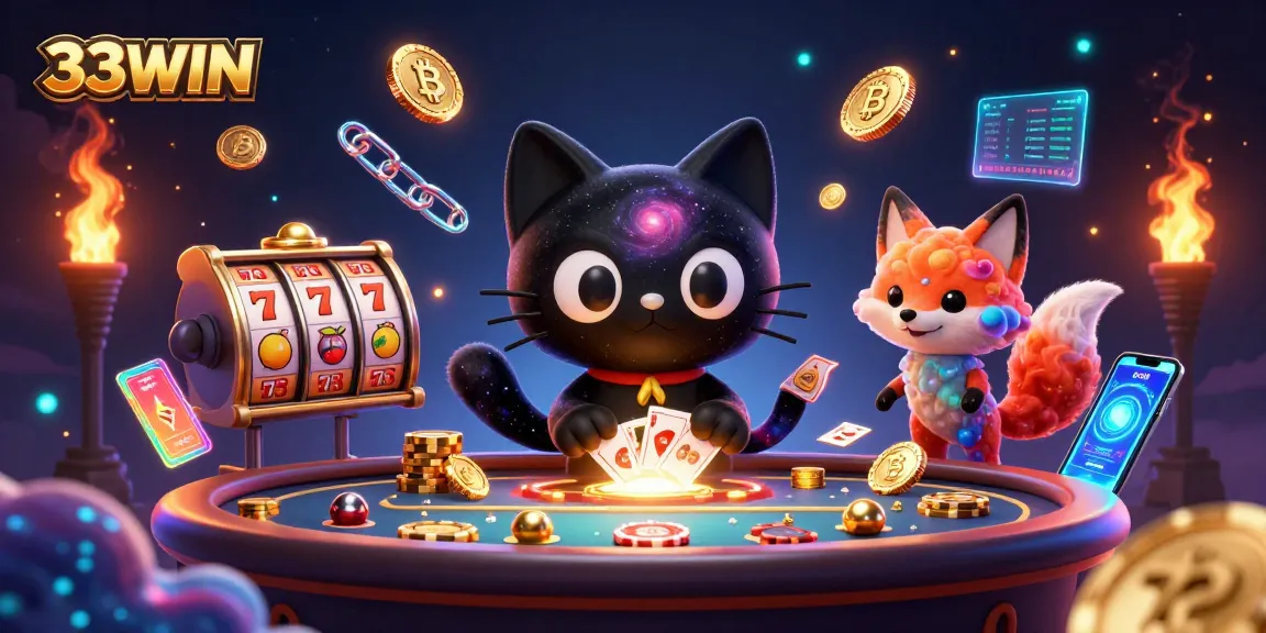 Experience the thrill of 33WIN as the cartoon black hole cat pulls in golden chips at a casino.