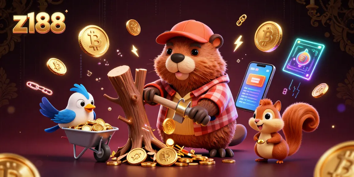 Win with z188 as a lumberjack beaver collects gold coins among digital gaming elements.