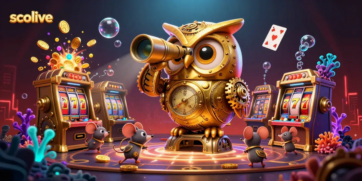 Socolive platform showcases a vibrant 3D golden owl surveying slot machines, enhancing the thrilling casino atmosphere.