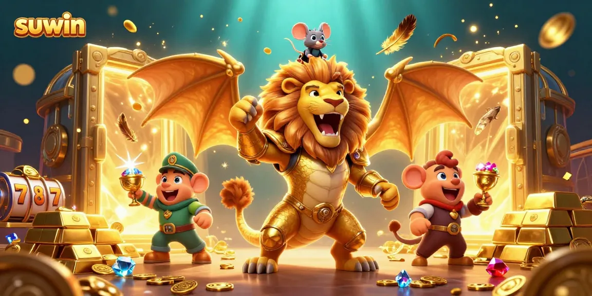 Suwin players triumph with roaring chimera, golden treasures, and lively slot reels in an enchanting casino scene.