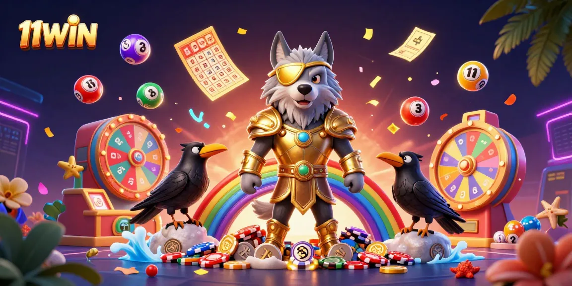 Experience the thrill of playing 11WIN with vibrant casino elements and dynamic illustrations.