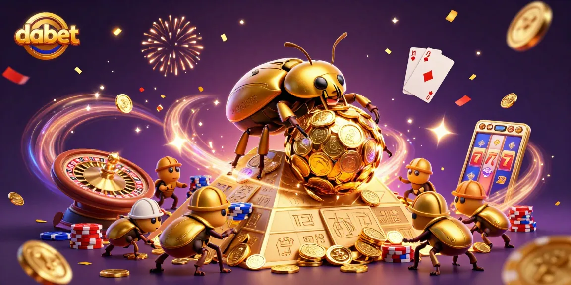 Dabet showcases thrilling casino adventures with a golden beetle, coins, and vibrant games