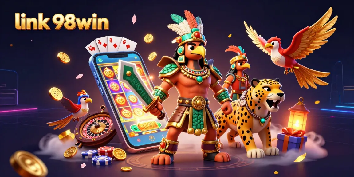 Engage with thrilling action at link 98win, showcasing an Aztec warrior and dynamic casino elements for an exhilarating experience.
