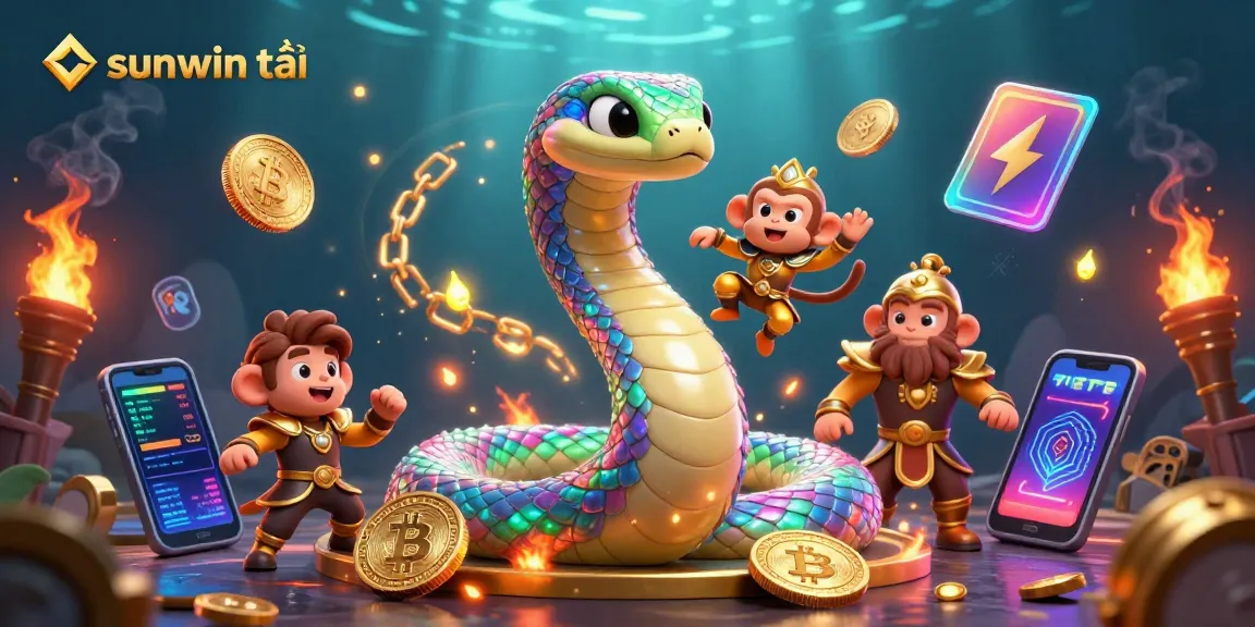Engage with sunwin tải, featuring a colorful fantasy scene with a rainbow serpent and monkey king amidst digital wealth elements.