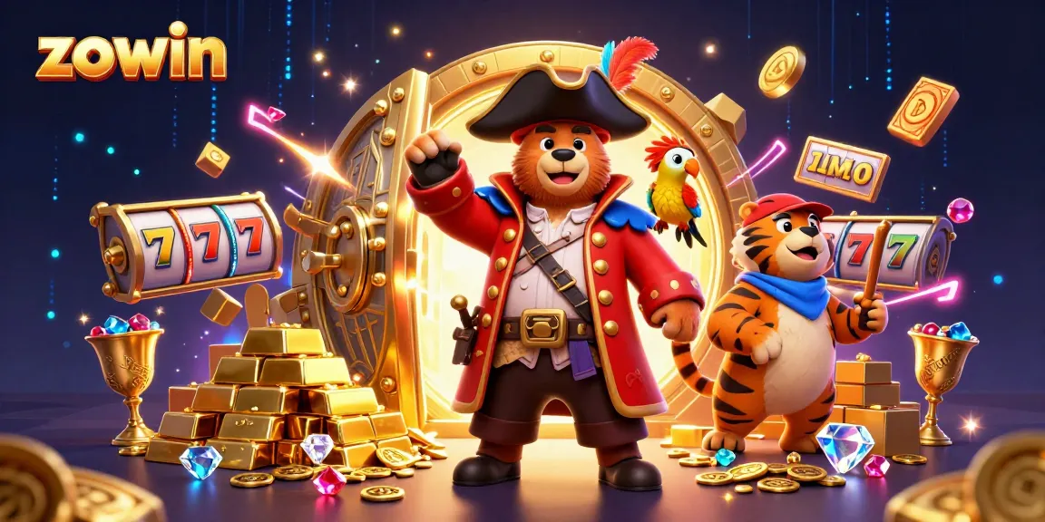 Zowin showcases thrilling casino adventures with colorful pirate characters and dazzling treasures.