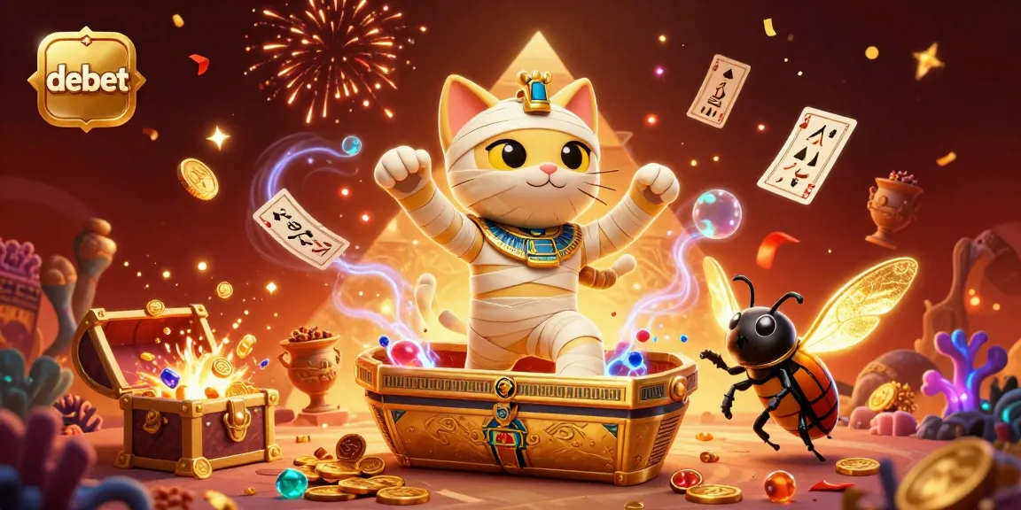 Spin the reels with debet in a vibrant casino scene featuring Egyptian-themed characters and treasure.