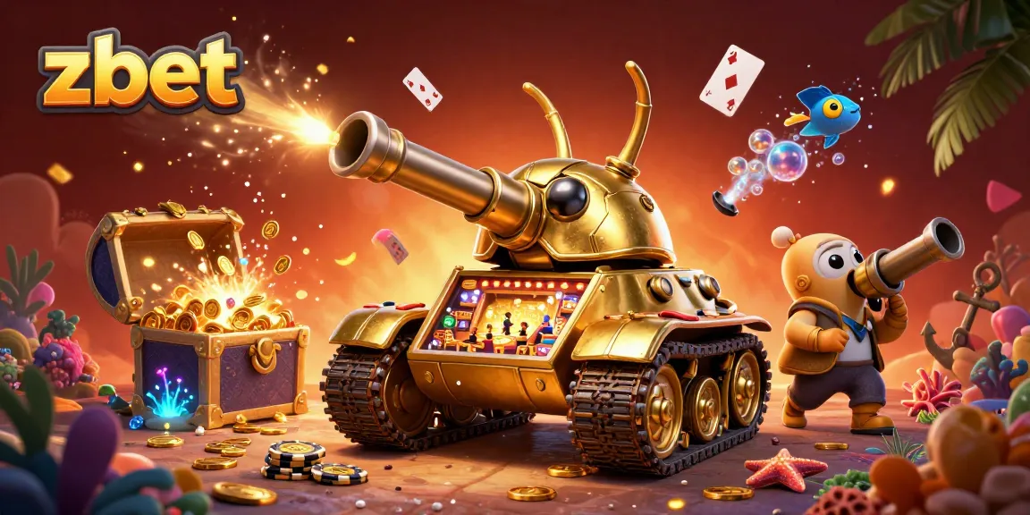 Engage with zbet's vibrant 3D casino scene featuring golden beetle tank, treasure, and lively gameplay elements.