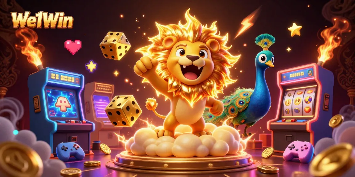 We1Win showcases a dynamic 3D casino illustration with vibrant gaming elements and a playful lion.
