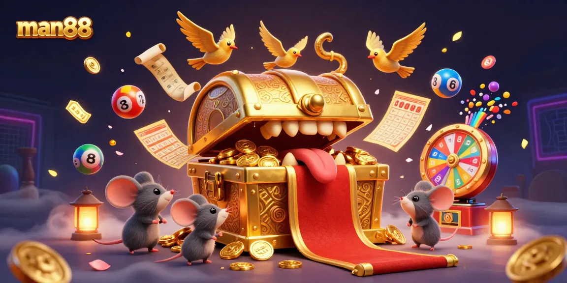 Experience man88’s thrilling adventure with a treasure chest and lottery excitement in a vibrant casino illustration.