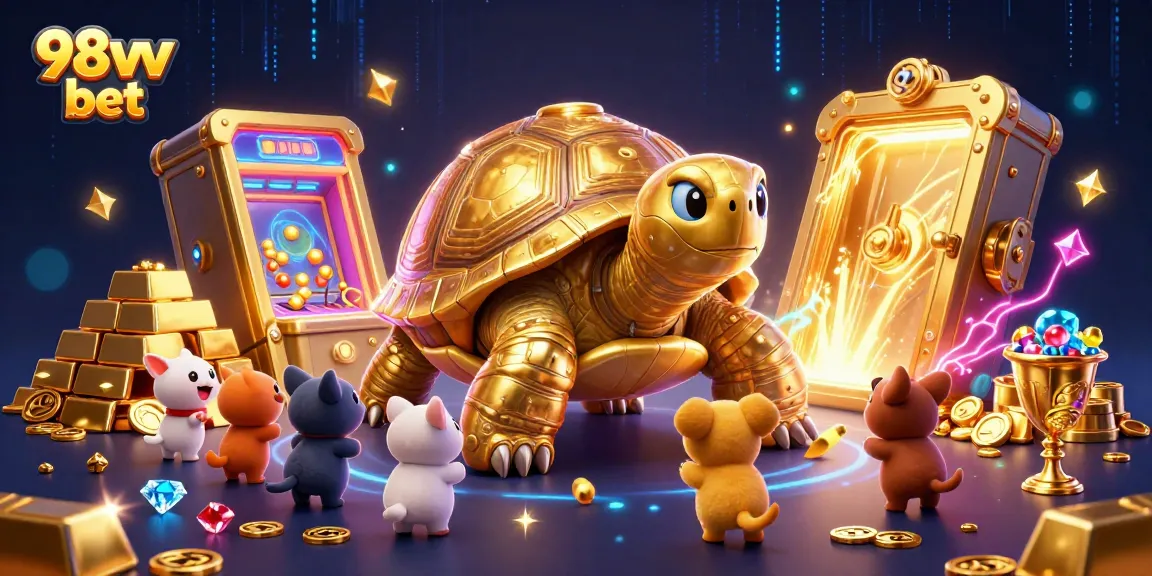 Experience excitement at 98vv bet with colossal tortoise pinball machine surrounded by dazzling treasures and playful animals.