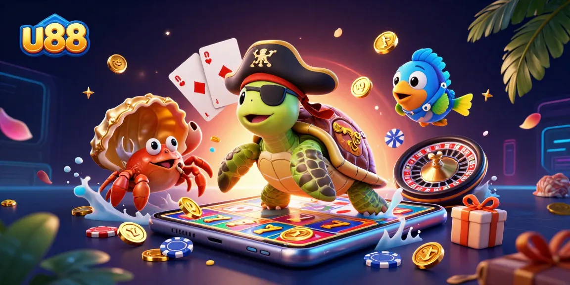 Engage with u88's vibrant slots and treasure-themed adventures in this casino illustration.