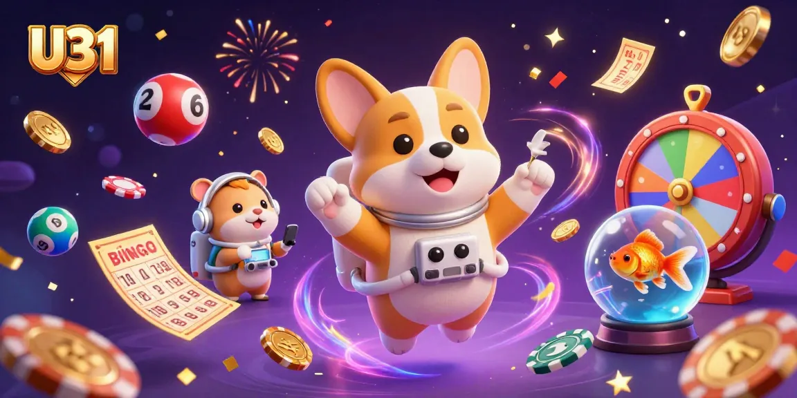 Experience U31's vibrant casino atmosphere with floating corgi and colorful gaming elements in a surreal setting.