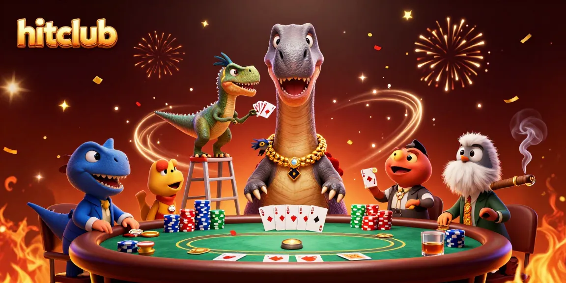 Join the excitement at hitclub with a giant brontosaurus overlooking a thrilling poker game.